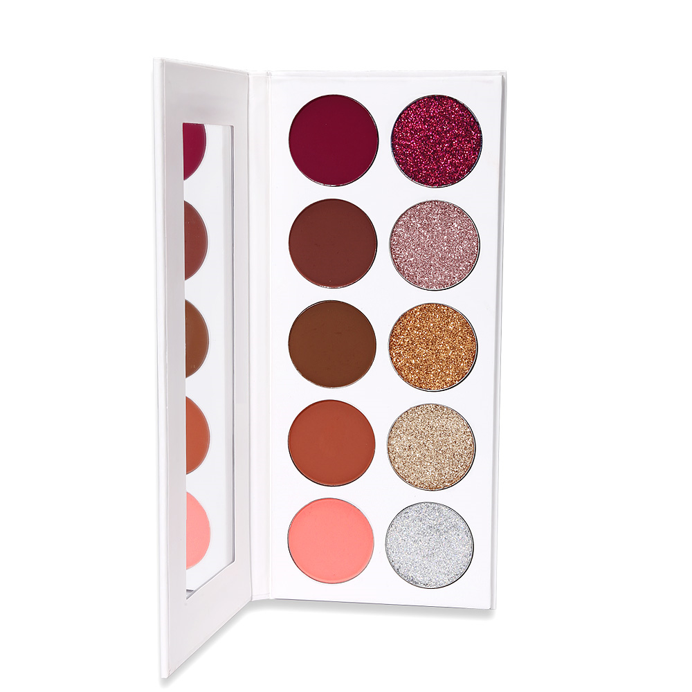 Our 10 shade Shimmer and Glitter eyeshadow palette comes in a white case with sleeve case and is sure to be a crowd pleaser! Highly pigmented, beautiful shades hand picked for their superior colors, waterproof and mixed with primer to ensure long lasting wear! With this fabulous mixture of shimmers and glitters, this eyeshadow palette will stun even the pickiest customers! Can be customized with your logo!