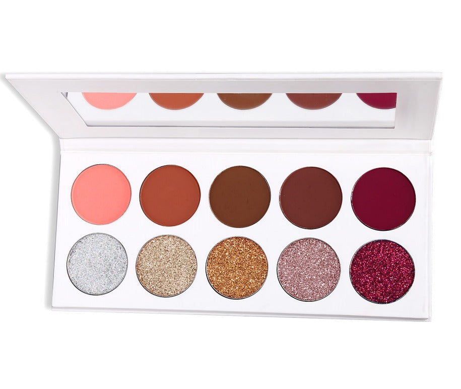 Our 10 shade Shimmer and Glitter eyeshadow palette comes in a white case with sleeve case and is sure to be a crowd pleaser! Highly pigmented, beautiful shades hand picked for their superior colors, waterproof and mixed with primer to ensure long lasting wear! With this fabulous mixture of shimmers and glitters, this eyeshadow palette will stun even the pickiest customers! Can be customized with your logo!