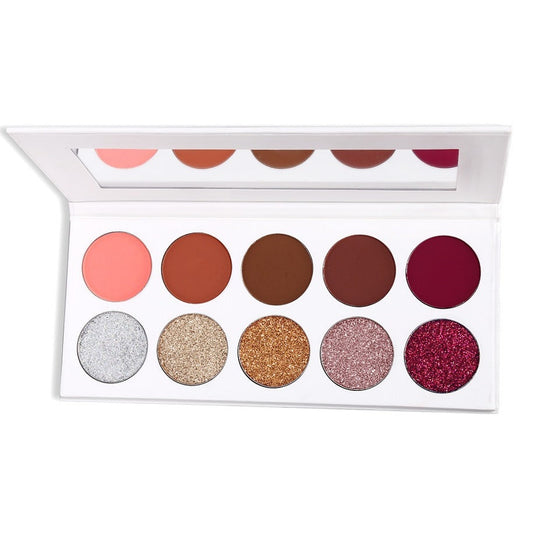 Our 10 shade Shimmer and Glitter eyeshadow palette comes in a white case with sleeve case and is sure to be a crowd pleaser! Highly pigmented, beautiful shades hand picked for their superior colors, waterproof and mixed with primer to ensure long lasting wear! With this fabulous mixture of shimmers and glitters, this eyeshadow palette will stun even the pickiest customers! Can be customized with your logo!