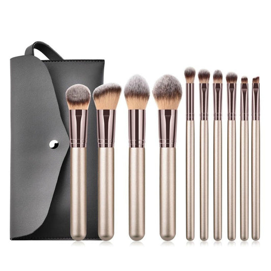 Our gorgeous 10 pc professional Brush Set will ensure you have a brush for every makeup need. Perfect for a MUA or Makeup Professional. A 10 piece complete collection of essential face and eye brushes that make it easy to sweep, smooth, smudge and highlight. This professional brush set is designed with chic champagne handles and a rose gold tip, and durable, densely packed synthetic bristles. Ideal for use with liquids, creams and powders, the assortment offers perfect precision and expert blending to creat