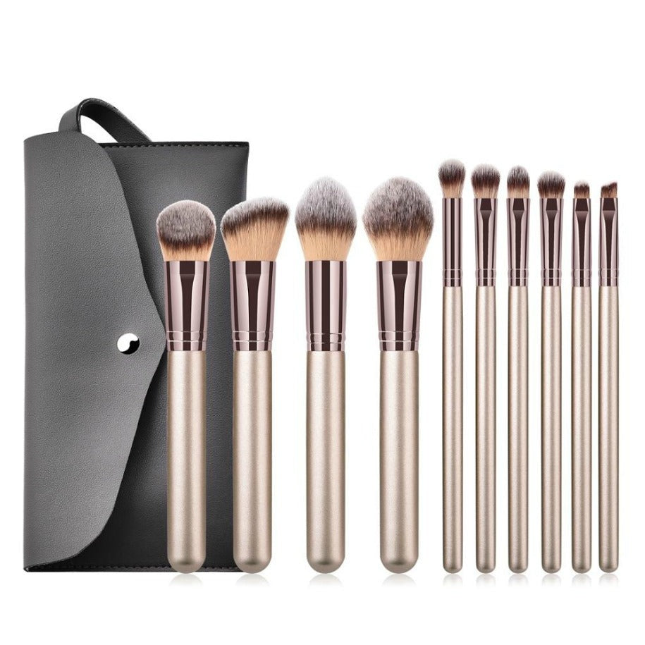 Our gorgeous 10 pc professional Brush Set will ensure you have a brush for every makeup need. Perfect for a MUA or Makeup Professional. A 10 piece complete collection of essential face and eye brushes that make it easy to sweep, smooth, smudge and highlight. This professional brush set is designed with chic champagne handles and a rose gold tip, and durable, densely packed synthetic bristles. Ideal for use with liquids, creams and powders, the assortment offers perfect precision and expert blending to creat