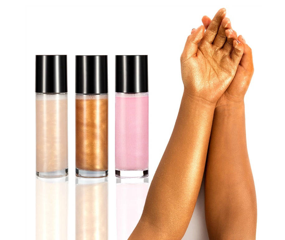 Ready? Set? GLOW!  Not sure what shade you want? Or what will sell best in your shop? Now you can try them all. 3 of each shade to test out.  Our Face and Body Shimmer Highlighting Spray is the perfect multi-purpose shimmer spray. A beautiful bronze gold liquid to prime, set and glow. A fine mist with reflective particles that will give you a glimmering dewy finish. Step into the spotlight this season, a legit all-day glow in just a couple of spritzes.     Testers can not be hot stamped. 