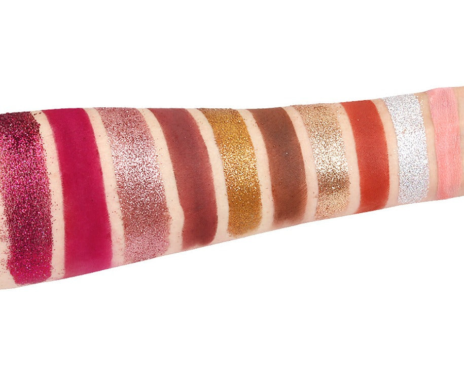 Our 10 shade Shimmer and Glitter eyeshadow palette comes in a white case with sleeve case and is sure to be a crowd pleaser! Highly pigmented, beautiful shades hand picked for their superior colors, waterproof and mixed with primer to ensure long lasting wear! With this fabulous mixture of shimmers and glitters, this eyeshadow palette will stun even the pickiest customers!      Can be customized with your logo!