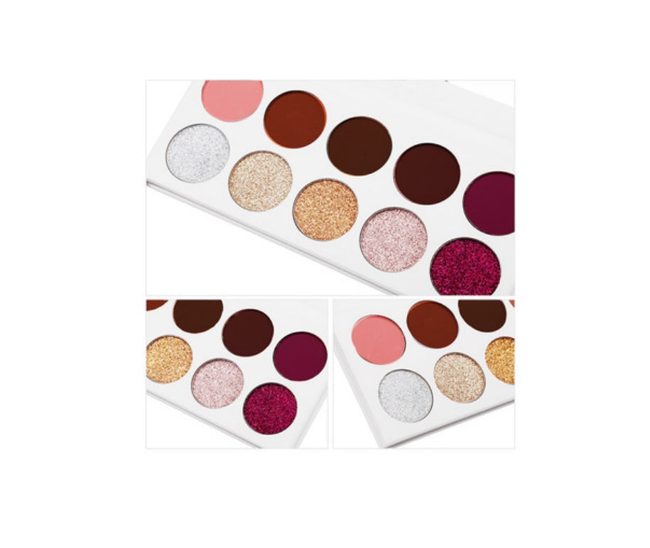 Our 10 shade Shimmer and Glitter eyeshadow palette comes in a white case with sleeve case and is sure to be a crowd pleaser! Highly pigmented, beautiful shades hand picked for their superior colors, waterproof and mixed with primer to ensure long lasting wear! With this fabulous mixture of shimmers and glitters, this eyeshadow palette will stun even the pickiest customers!      Can be customized with your logo!