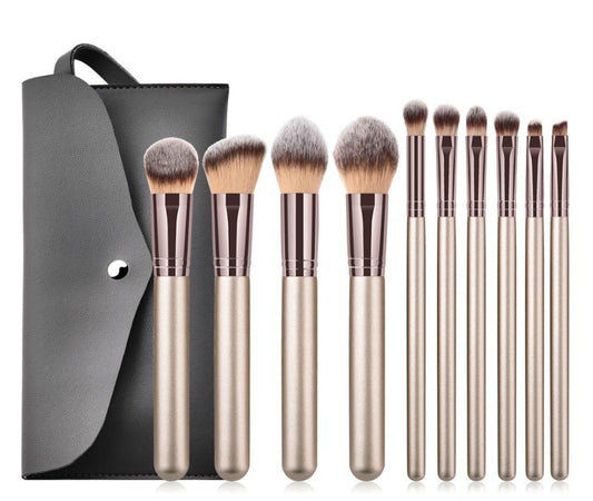 Our gorgeous 10 pc professional Brush Set will ensure you have a brush for every makeup need. Perfect for a MUA or Makeup Professional. A 10 piece complete collection of essential face and eye brushes that make it easy to sweep, smooth, smudge and highlight. This professional brush set is designed with chic champagne handles and a rose gold tip, and durable, densely packed synthetic bristles. Ideal for use with liquids, creams and powders, the assortment offers perfect precision and expert blending to creat